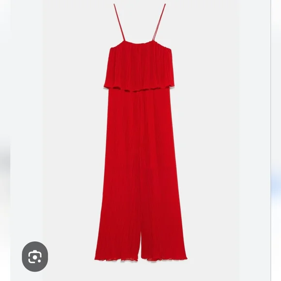 ZARA Red Pleated Flowey Spaghetti Strap Cropped One-piece Jumper - Picture 3 of 9